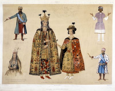 Georgische Kostümtafel im 16. und 17. Jahrhundert: König Irakli (1744 - 1798), Gheorghi X (1687), Prinzessin Chartchevadze (Botschafterin Georgiens in St. Petersburg unter Katharina II. 1780), Königin Mary (Tochter von Dadian von Mingrelie mit ihrem Sohn O von Unknown artist