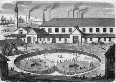 Glas-Eiliot-Elektrokabelfabrik in Greenwich. Wickeln des Kabels in den Becken vor dem Transport auf dem Schiff „Leviathan“. Gravur von 1865 von Unknown artist