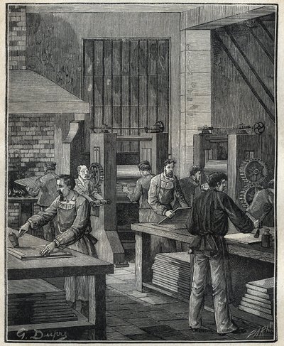 Goldschmied: Vorbereitung der Platte, Vorbereitung des Metalls für die Ausführung einer speziellen Silberware. Gravur von 1885 in „Les arts et métiers illustrés“ von Adolphe Bitard. von Unknown artist