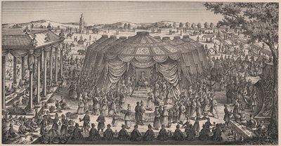 Großes Bankett von Tamerlan (1336-1405) in der Ebene von Khani Gheul zur Feier der Hochzeit seiner Enkelkinder - Gravur aus dem 19. Jahrhundert. von Unknown artist