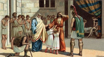 Große griechische Tragödien: „König Ödipus“ von Sophokles. Ödipus, blind, stützt sich auf zwei seiner Töchter. Zu seiner Linken sein schöner Vater Kreon, zu seiner Rechten der Seher Tiresias und ein alter Hirte, der die wahre Identität von Ödipus enthüllt. von Unknown artist