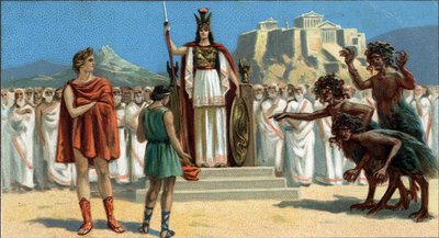 Große griechische Tragödien: „Die Orestie“ von Aischylos. Orestes erschien vor dem Areopag oder Obersten Gerichtshof von Athen, geleitet von der Göttin Pallas Athene oder Minerva, unterstützt von Apollo. Rechts sind die Eumeniden (die drei Furien). von Unknown artist