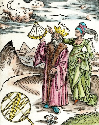 Griechischer Astronom Claudius Ptolemäus mit Sextant und Astronomie. Gravur von 1503 von Unknown artist
