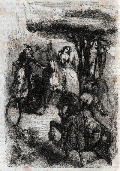 Griffon trifft Origille - Gravur von 1851 aus „Roland der Rasende“ (Orlando furioso) (16. Jahrhundert) von Ludovico Ariosto, bekannt als der Ariosta - Ausgabe, übersetzt aus dem Italienischen von Graf von Tressan und veröffentlicht von Gustave Harvard 1851 von Unknown artist