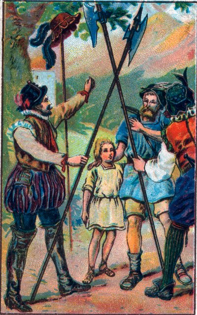 Wilhelm Tell (legendärer Held der Schweizer Unabhängigkeit) weigerte sich, vor dem Hut zu salutieren. Chromolithographie aus dem späten 19. Jahrhundert. von Unknown artist