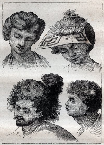 Frisuren der Einwohner von Tahiti - Illustration aus „Die großen Seefahrer des 18. Jahrhunderts“ von Unknown artist