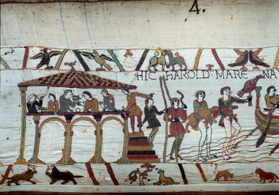 Harold wird vom König von England, Edward dem Bekenner, nach Normandie geschickt, um Herzog Wilhelm den Eroberer (1027-1087) zu informieren, dass er sein Nachfolger auf dem englischen Thron sein wird: Das letzte Mahl an Land vor der Einschiffung nach Norma von Unknown artist