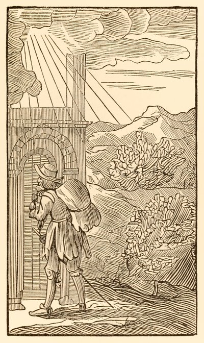 Wer eintreten will, muss zuerst draußen stehen und an die Tür klopfen... aus Der Pilgerreise von dieser Welt in die zukünftige Welt von John Bunyan von Unknown
