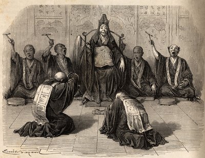 Hoher buddhistischer Priester wird verehrt, umgeben von seinen Jüngern, die das Ritual mit Gong und Zimbeln rhythmisieren. Gravur zur Illustration der Reise nach Japan in den Jahren 1863-1864 von Aime Humbert, Minister der Schweizerischen Eidgenossenschaft von Unknown artist