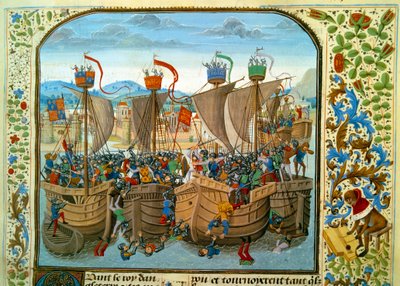 Hundertjähriger Krieg: „Die Seeschlacht von Ecluse, Sluis (Niederlande) am 20.06.1340, die die Franzosen unter Philippe VI. von Valois gegen die Engländer unter Edward III. führte“ Miniatur aus „Chroniken“ von Jean Froissart (1337-1400) 15. Jahrhundert. Pa von Unknown artist