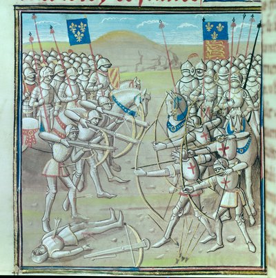 Hundertjähriger Krieg: die Schlacht von Crécy am 26.08.1346 zwischen den Franzosen und den Engländern. Miniatur aus einem Manuskript des 14. Jahrhunderts von Unknown artist