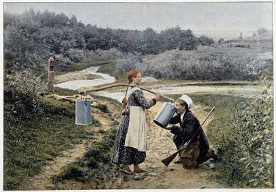 Jäger und Mädchen am Brunnen (Russland) - Fotografie, Ende 19. Jahrhundert von Unknown artist