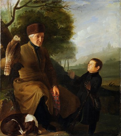 Jäger mit Falke. Porträt von Prinz Platon Alexandrowitsch Zubow und Iwan Andrejewitsch Jakubowski von Unknown artist