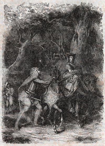Hypalca wird von Rodomont festgenommen - Gravur von 1851 aus „Furioser Roland“ (Orlando furioso) (16. Jahrhundert) von Ludovico Ariosto, bekannt als der Ariosta - Ausgabe übersetzt aus dem Italienischen von Graf von Tressan und veröffentlicht von Gustave H von Unknown artist