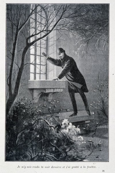Ich ging letzte Nacht und kratzte am Fenster, Illustration in Conan Doyles „Die ersten Abenteuer von Sherlock Holmes“. Sd. um 1890 von Unknown artist