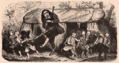 Illustration einer Legende nach bretonischen Traditionen: der Lao-Dudelsackspieler und Kobolde tanzen vor einem Dolmen von Unknown