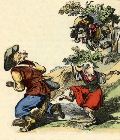 Illustration des Märchens „Bon Médor und das kleine Zicklein“. In „Märchen aus dem Heim für die Kleinen“. Anonyme Gravur des 19. Jahrhunderts. von Unknown artist