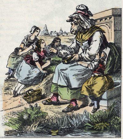 Illustration des Märchens „Gute Mama Schaf“. In „Tales from the home for the little ones“. Anonyme Gravur des 19. Jahrhunderts von Unknown artist