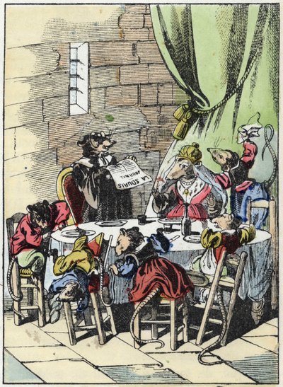 Illustration des Märchens „Der schreckliche Raminagrobis und die Mäuse“. Charakterzeichnungen von Fabeln von Jean de la Fontaine. In „Märchen aus dem Heim für die Kleinen“. Anonyme Gravur des 19. Jahrhunderts. von Unknown artist