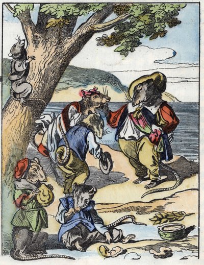 Illustration des Märchens „Der schreckliche Raminagrobis und die Mäuse“. Charakterzeichnungen von Fabeln von Jean de la Fontaine. In „Märchen aus dem Heim für die Kleinen“. Anonyme Gravur des 19. Jahrhunderts. von Unknown artist