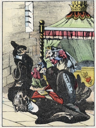 Illustration des Märchens „Der schreckliche Raminagrobis und die Mäuse“ nach einer Fabel von Jean de La Fontaine. In „Märchen aus dem Heim für die Kleinen“. Anonyme Gravur aus dem 19. Jahrhundert von Unknown artist