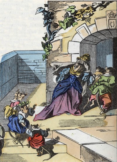 Illustration des Märchens „Der schreckliche Raminagrobis und die Mäuse“ nach einer Fabel von Jean de La Fontaine. In „Märchen aus dem Heim für die Kleinen“. Anonyme Gravur aus dem 19. Jahrhundert von Unknown artist