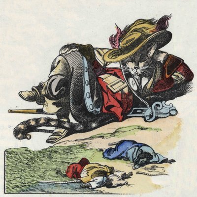 Illustration des Märchens „Der schreckliche Raminagrobis und die Mäuse“, Charakter aus Fabeln von Jean de la Fontaine. In „Tales from the home for the little ones“. Anonyme Gravur des 19. Jahrhunderts von Unknown artist