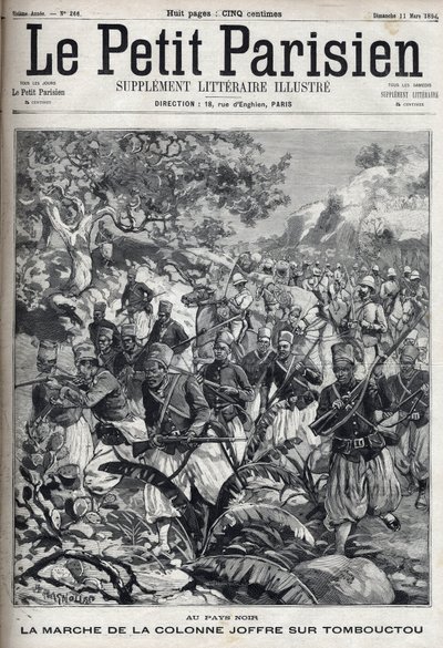 In den französischen Kolonien: der Marsch der Kolonne von General Joseph Joffre (1852-1931) und seiner Armee von Spahis auf Timbuktu (Mali). Gravur in „Le Parisien“ von Unknown artist