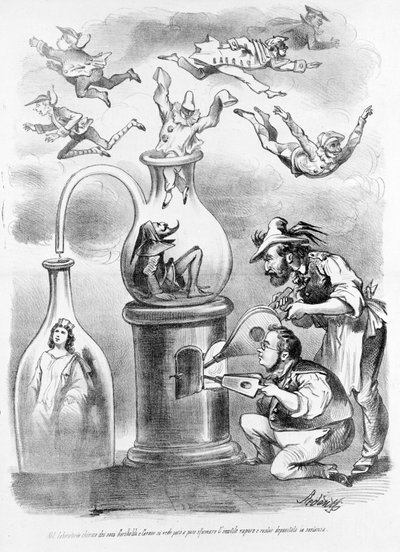Im Alchemielabor der Mitarbeiter Garibaldi und Cavour sehen wir allmählich den unnötigen Dampf (dargestellt durch die Masken der italienischen Regionen) verschwinden und die Substanz (Italien) bleiben. Karikatur der satirischen Zeitung Il Fischietto von Unknown artist
