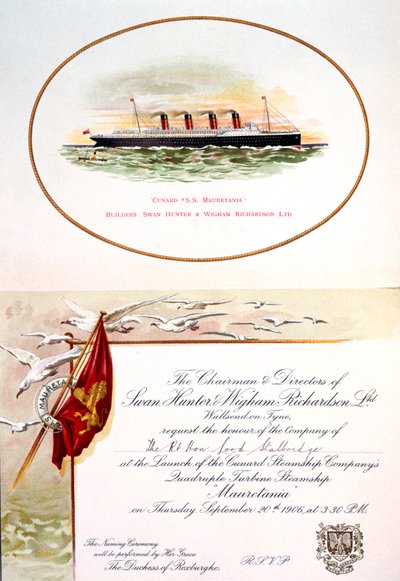 Einladung für Lord Stalbridge zur Taufe der SS Mauretania, 20. September 1906 von Unknown Artist