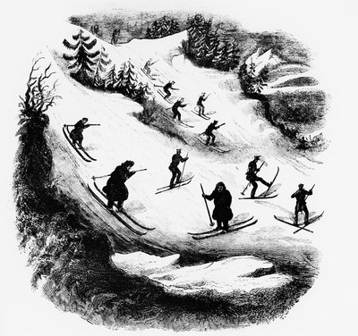 Spiele des Nordens: Skifahrer auf einer Piste - Gravur, Ende des 19. Jahrhunderts von Unknown artist