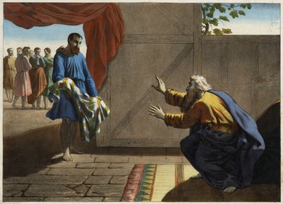 Josephs blutiges Gewand wird Jakob präsentiert. Josephs eifersüchtige Brüder, die ihn nicht töten wollten, lassen ihren Vater Jakob glauben, er sei tot, indem sie Josephs mit Schafblut bedecktes Gewand präsentieren. Anonyme Gravur aus der Mitte des 19. Jah von Unknown artist