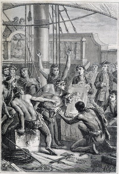 Reise von Samuel Wallis (1728-1795) nach Polynesien: Eingeborene erstaunt über einen Spiegel - Illustration aus „Die großen Seefahrer des 18. Jahrhunderts“ von Unknown artist