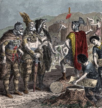 Julian und die fränkischen Häuptlinge - Treffen zwischen Kaiser Julian und den fränkischen Häuptlingen (Flavius Claudius Julianus, genannt Julian der Abtrünnige, auch Julian der Philosoph oder Julian II. oder Julian der Kaiser) - Stich aus dem späten 19. J von Unknown artist
