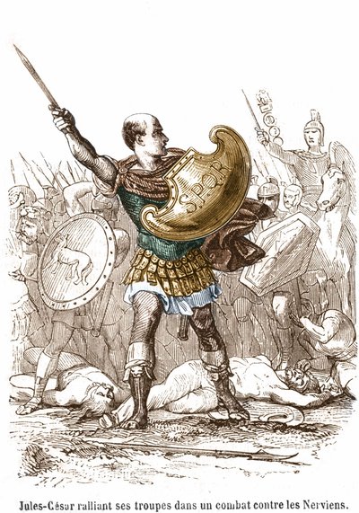 Julius Caesar ruft seine Truppen im Kampf gegen die Nervier zusammen - Gravur von Unknown artist