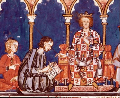 König Alfons X. der Weise assistiert einem Schreiber. Detail einer Miniatur aus dem Buch der Spiele von Alfons X. dem Weisen „Das Buch der Schachspiele, Würfel und Tafeln“ von Unknown artist