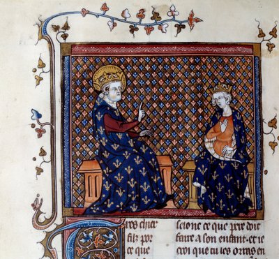 König Ludwig IX. (1214-1270) lehrt seinem Sohn, dem zukünftigen Philipp III., den Meister des Königs. Miniatur aus einem Manuskript des 14. Jahrhunderts. Chantilly, Musée Condé von Unknown artist
