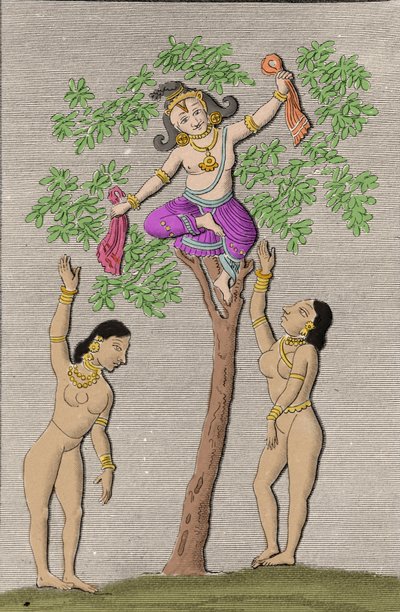 Krishna fliegt mit zwei Gopis. Gravur in „Ancient and Modern Monuments of Hindustan“ von L.M. Langles, Paris 1821 von Unknown artist