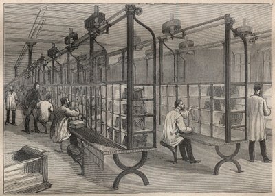 Die Briefpost: das Sortieren der Briefe im Hôtel des Postes in Paris - Gravur in „La Science française“ von Unknown artist