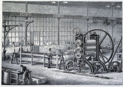 Großes Walzwerk zur Reduzierung von Blöcken aus gereinigtem Gummi zu Platten - in „Die Wunder der Industrie“ von Louis Figuier von Unknown artist