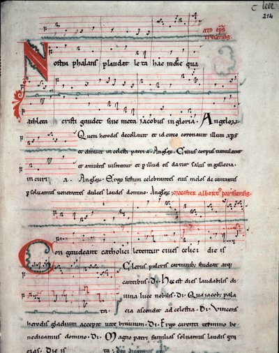 Flugblatt eines Pilgerführers mit Liedtexten der Pilgerfahrt nach Santiago de Compostela. Fol. 214 r. Aus einem Manuskript des 13. Jahrhunderts. Archiv der Kathedrale von Santiago de Compostela, Spanien von Unknown artist
