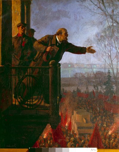 Lenin auf dem Balkon des Csechinskaia-Hauses bei Nacht, April 1917 von Unknown Artist