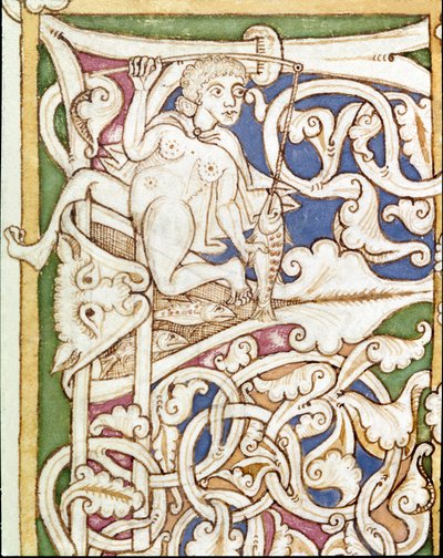 Lettrine P dekoriert mit der Darstellung einer Frau, die einen Fisch angelt. Miniatur aus einer Bibel (Altes Testament) von Unknown artist