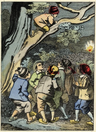 Der kleine Däumling klettert auf einen Baum und sucht seinen Weg. Er sammelt ein Licht im Wald. Illustration des Märchens „Der kleine Däumling“ von Charles Perrault. von Unknown artist