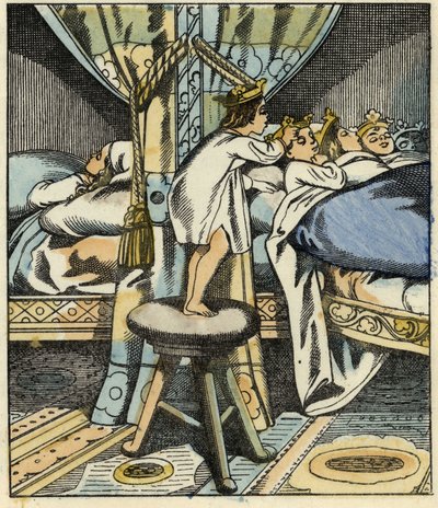 Der kleine Däumling setzt die Kronen der sieben Töchter des Ogers auf die Köpfe seiner Brüder. Illustration des Märchens „Der kleine Däumling“ von Charles Perrault von Unknown artist