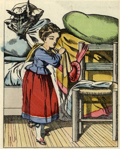 Rotkäppchen bei ihrer Großmutter. Illustration des Märchens „Rotkäppchen“ von Charles Perrault von Unknown artist