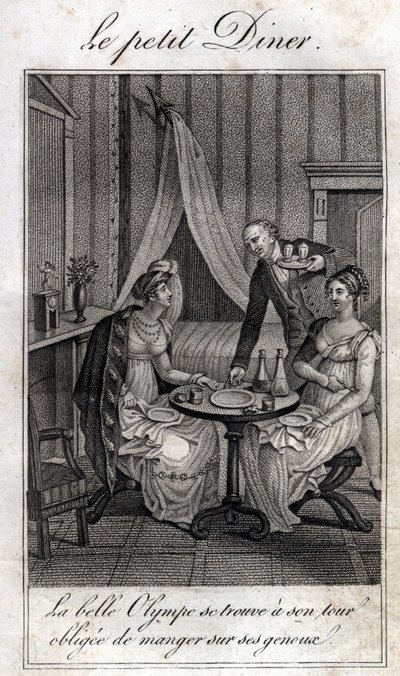 Kleines Abendessen. Olympe de Gouges (1748-1793), französische Schriftstellerin und Revolutionärin mit Céline, einer ihrer Freundinnen. von Unknown artist