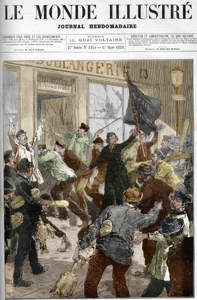 Louise Michel (1833-1905), eine französische Revolutionärin, schwenkt eine schwarze Fahne mit der Aufschrift „Brot oder Tod“ während der Plünderung einer Bäckerei bei der Arbeiterdemonstration am 9. März 1883 in Paris von Unknown artist