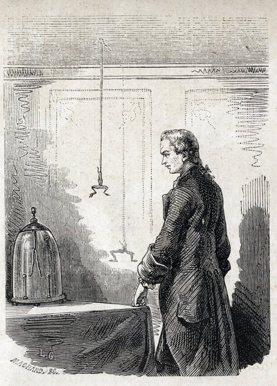 Luigi Galvani verursacht Froschkontraktionen durch Blitzableiter-Elektrizität - LUIGI GALVANI (1737-1798) italienischer Arzt und Physiker. Verursacht Kontraktionen in einem Frosch mit Elektrizität aus einer Gewitterwolke von Unknown artist