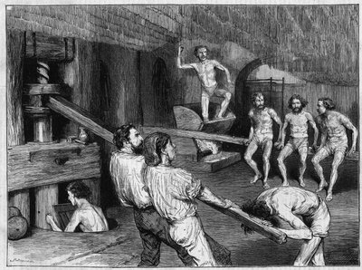 Nudelfabrik in Neapel: Verwendung einer Schraubenmühle zur Herstellung des Teigs, der dann mit den Füßen geknetet wird. Gravur in „Das Illustrierte Universum“ von Unknown artist